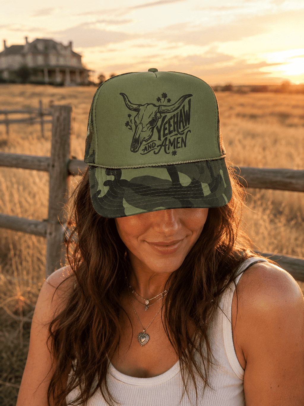 Yeehaw and Amen Longhorn Camo Trucker Hat - Rooted & Reckless Co.