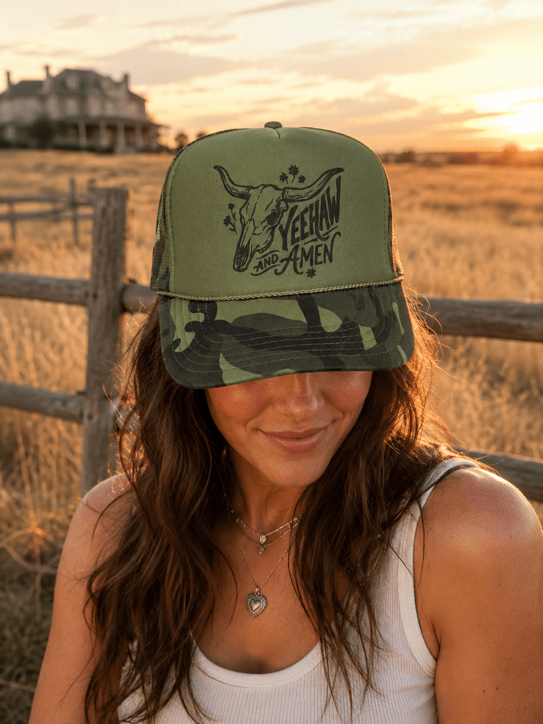 Yeehaw and Amen Longhorn Camo Trucker Hat - Rooted & Reckless Co.