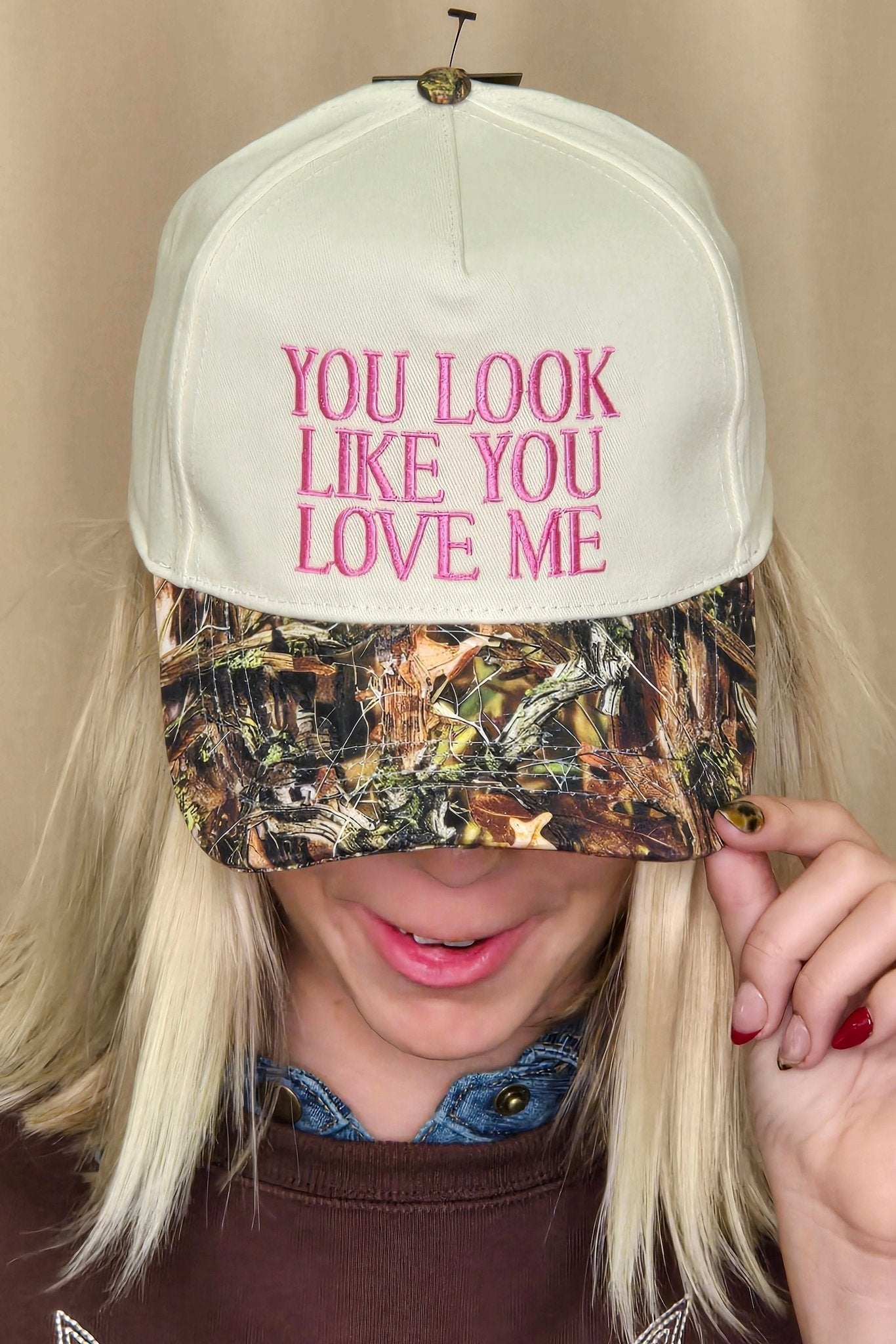 "You Look Like You Love Me" Embroidered Camo Trucker Hat — Cheeky Statement with Adjustable Snapback - Rooted & Reckless Co.
