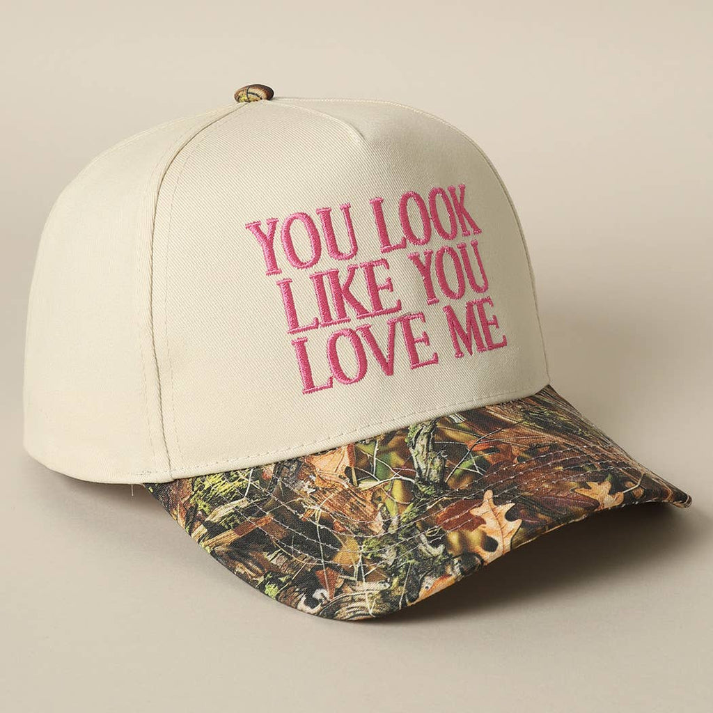 "You Look Like You Love Me" Embroidered Camo Trucker Hat — Cheeky Statement with Adjustable Snapback - Rooted & Reckless Co.