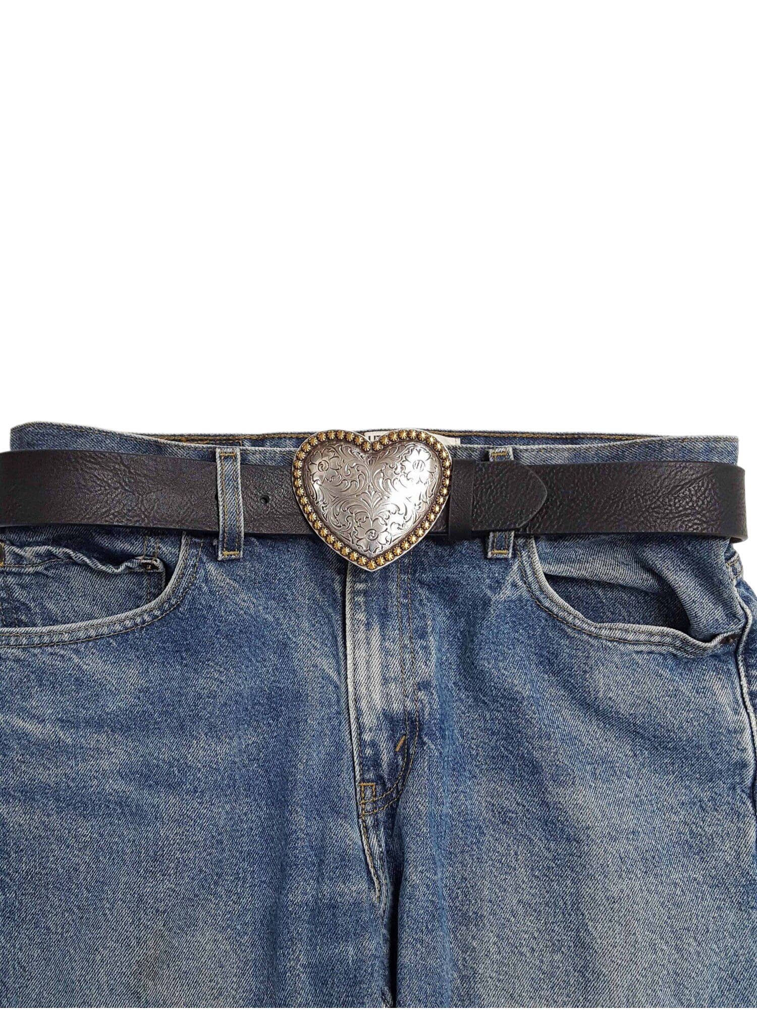 "Your Heart or Mine" Western Heart Belt Buckle — Shiny Silver with Elegant Gold Trim - Rooted & Reckless Co.