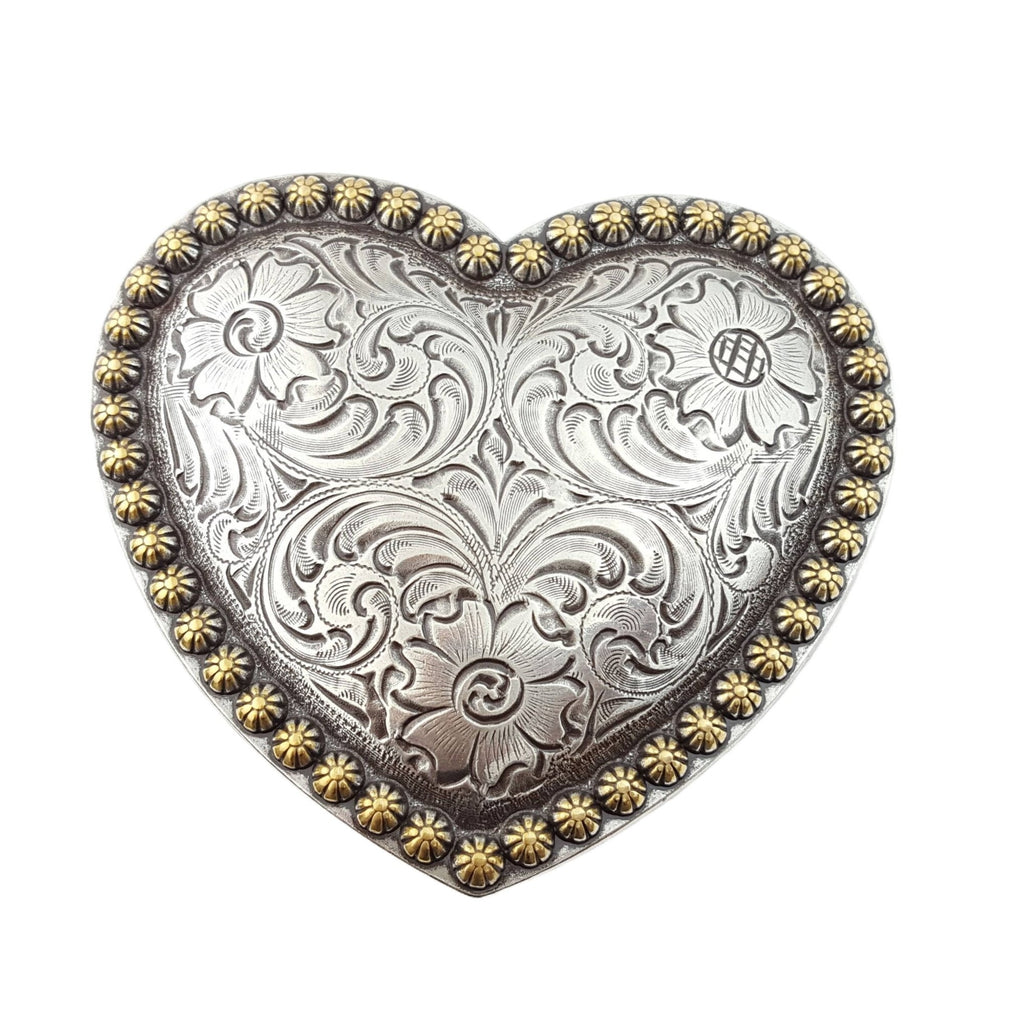 "Your Heart or Mine" Western Heart Belt Buckle — Shiny Silver with Elegant Gold Trim - Rooted & Reckless Co.