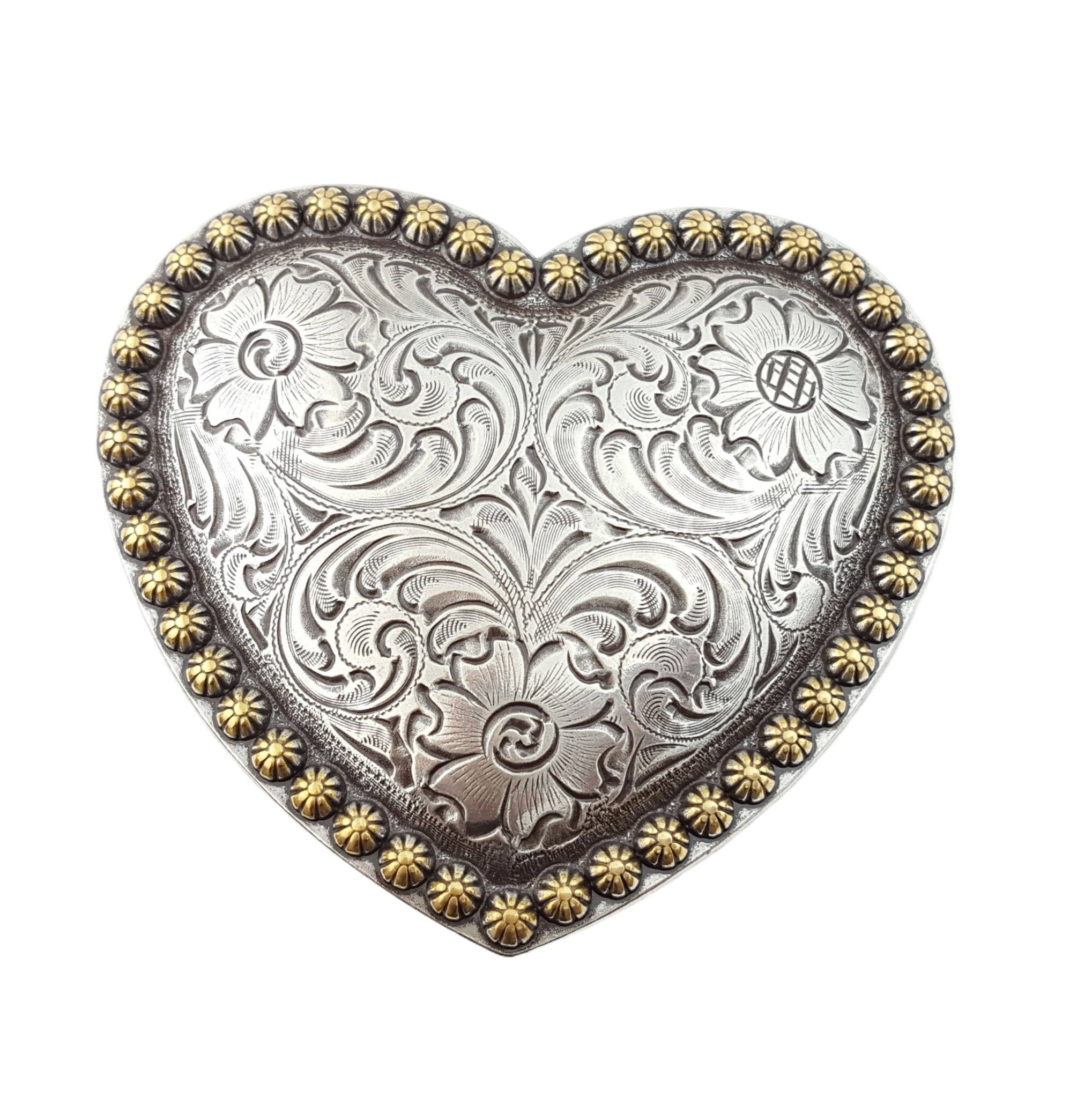 "Your Heart or Mine" Western Heart Belt Buckle — Shiny Silver with Elegant Gold Trim - Rooted & Reckless Co.