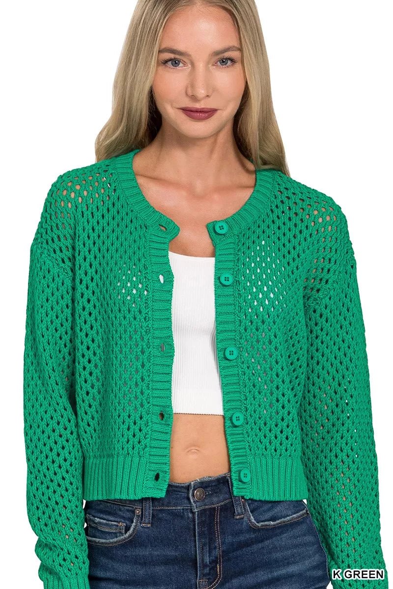 Zenana Button Down Lightweight Crochet Cardigan Sweater - Rooted & Reckless Co.
