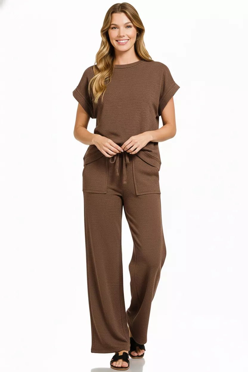 Zenana Cotton Slub Short Sleeve Tee and Pants Set - Rooted & Reckless Co.