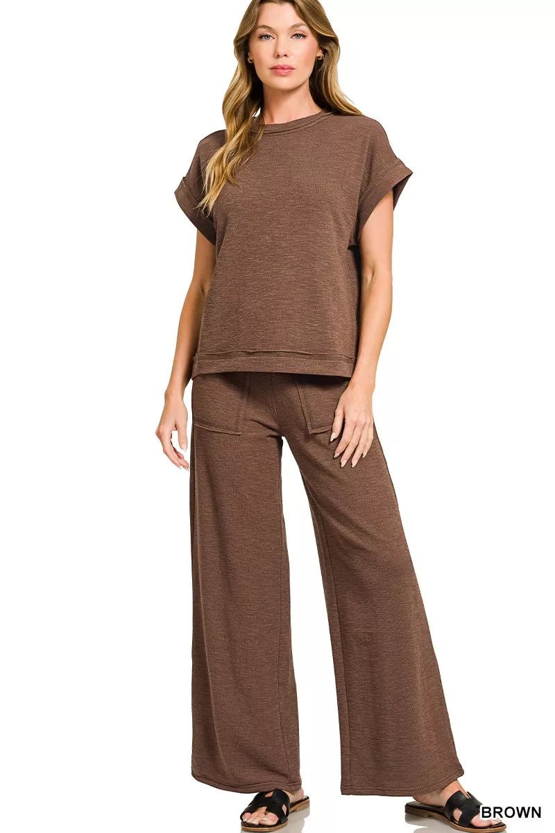 Zenana Cotton Slub Short Sleeve Tee and Pants Set - Rooted & Reckless Co.