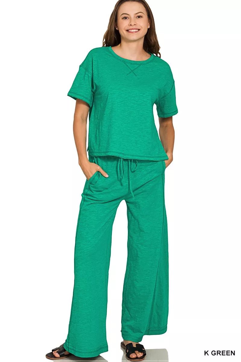 Zenana Cotton Slub Short Sleeve Tee and Pants Set - Rooted & Reckless Co.