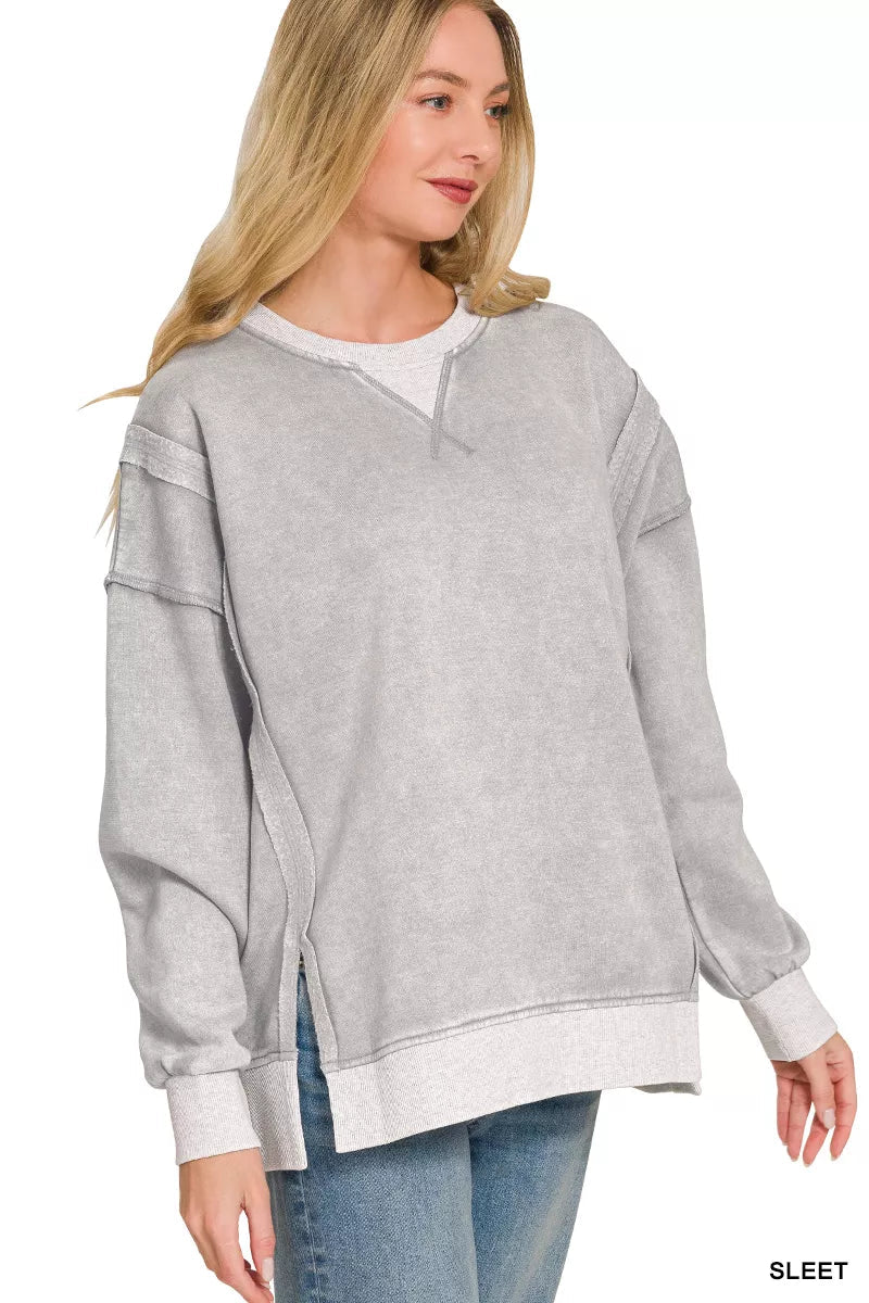 Zenana Fleece Acid Washed Contrast Trim Pullover - Rooted & Reckless Co.