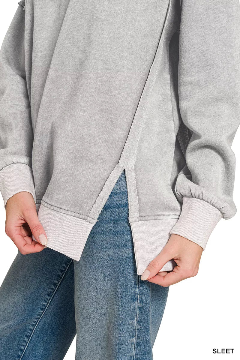 Zenana Fleece Acid Washed Contrast Trim Pullover - Rooted & Reckless Co.