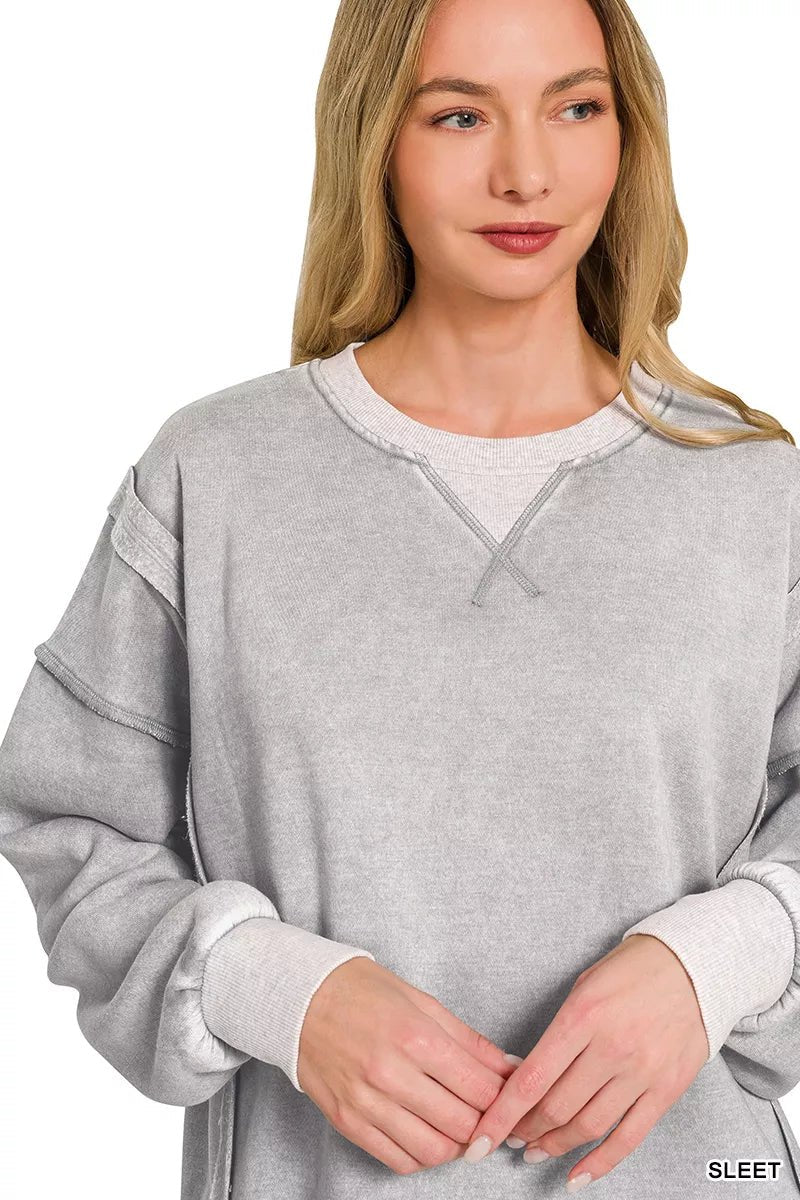 Zenana Fleece Acid Washed Contrast Trim Pullover - Rooted & Reckless Co.
