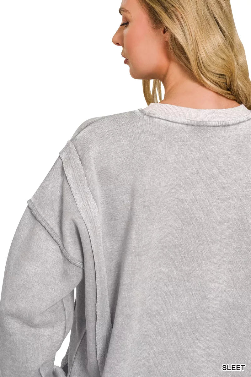 Zenana Fleece Acid Washed Contrast Trim Pullover - Rooted & Reckless Co.