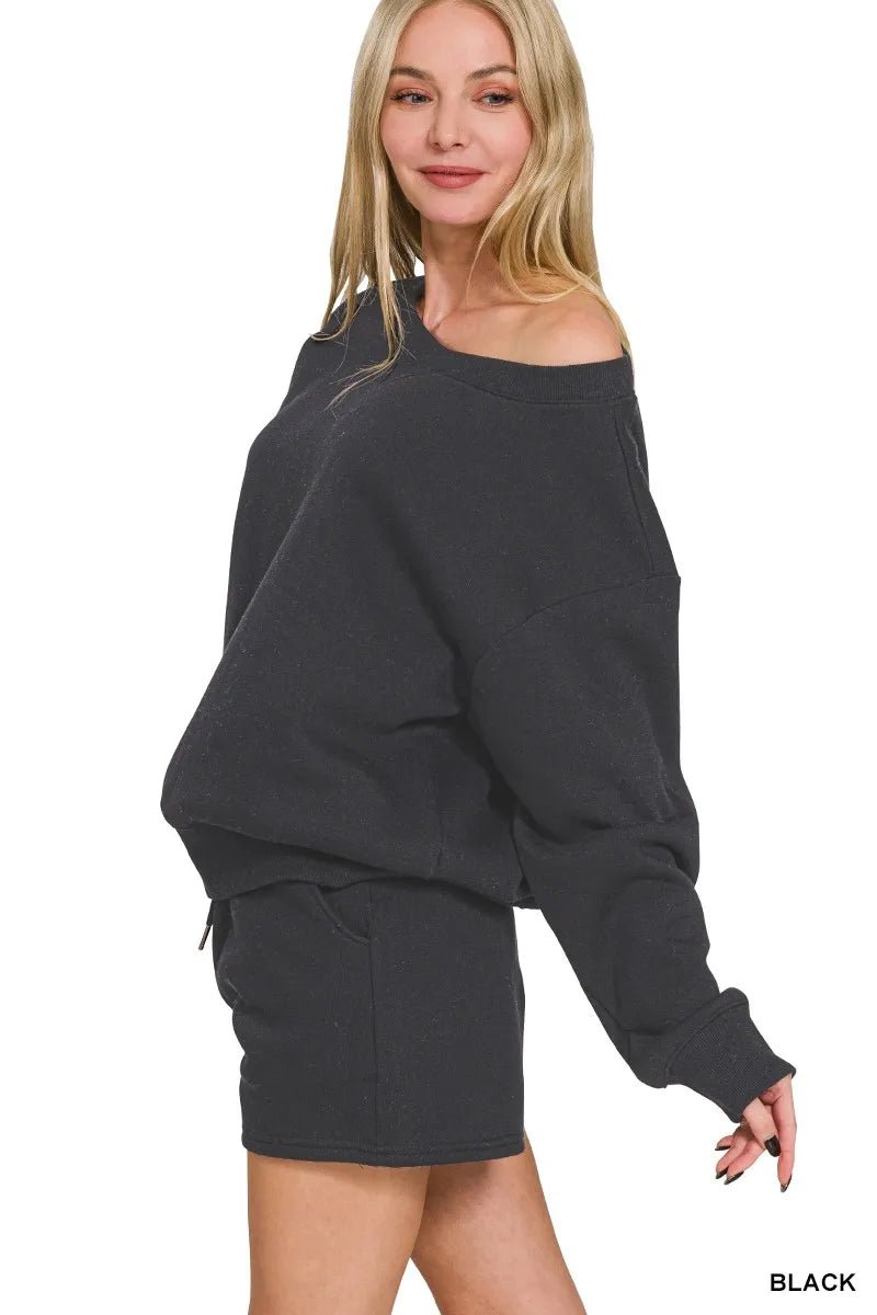 Zenana Fleece Boat Neck Sweatshirt and Shorts Set - Rooted & Reckless Co.