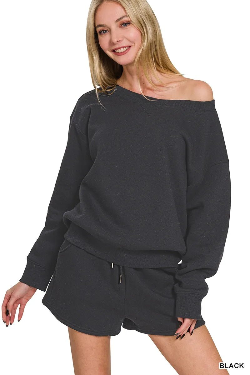 Zenana Fleece Boat Neck Sweatshirt and Shorts Set - Rooted & Reckless Co.