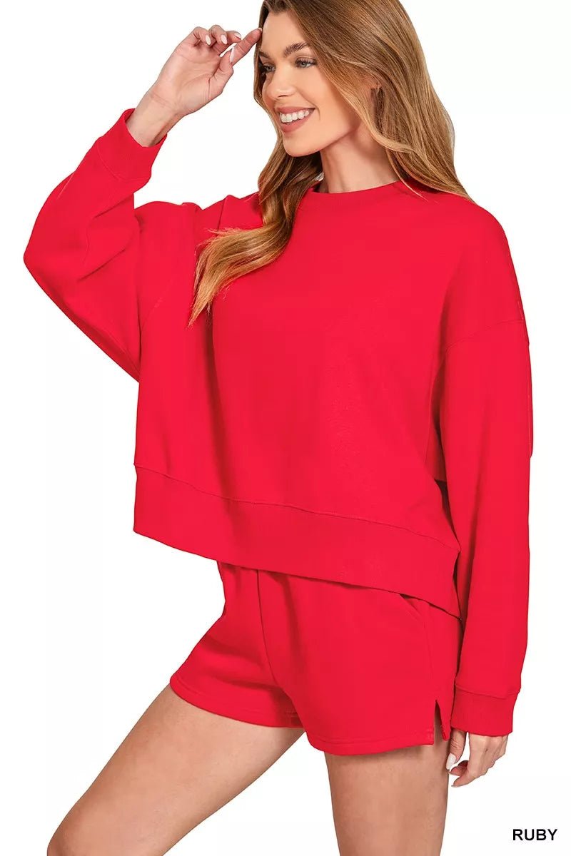 Zenana Fleece Round Neck Sweatshirt and Shorts Set - Rooted & Reckless Co.