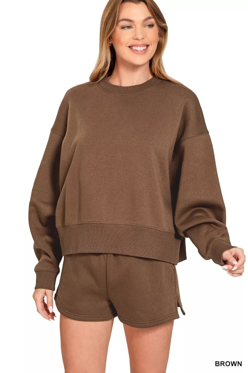 Zenana Fleece Round Neck Sweatshirt and Shorts Set - Rooted & Reckless Co.