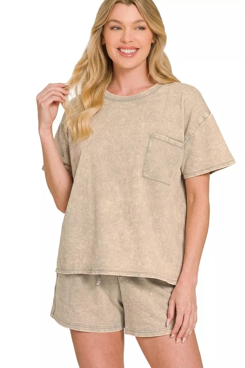 Zenana French Terry Acid Washed Relaxed Top & Short Set - Rooted & Reckless Co.