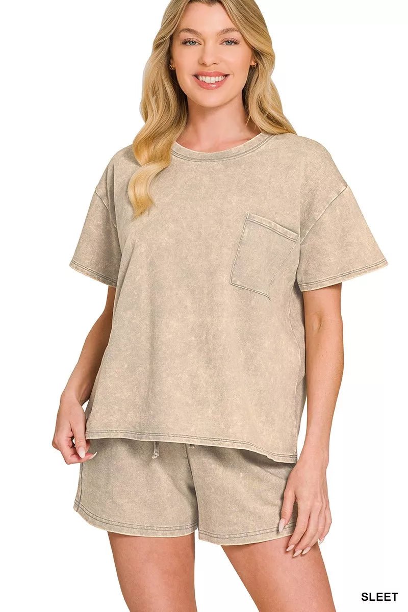 Zenana French Terry Acid Washed Relaxed Top & Short Set - Rooted & Reckless Co.