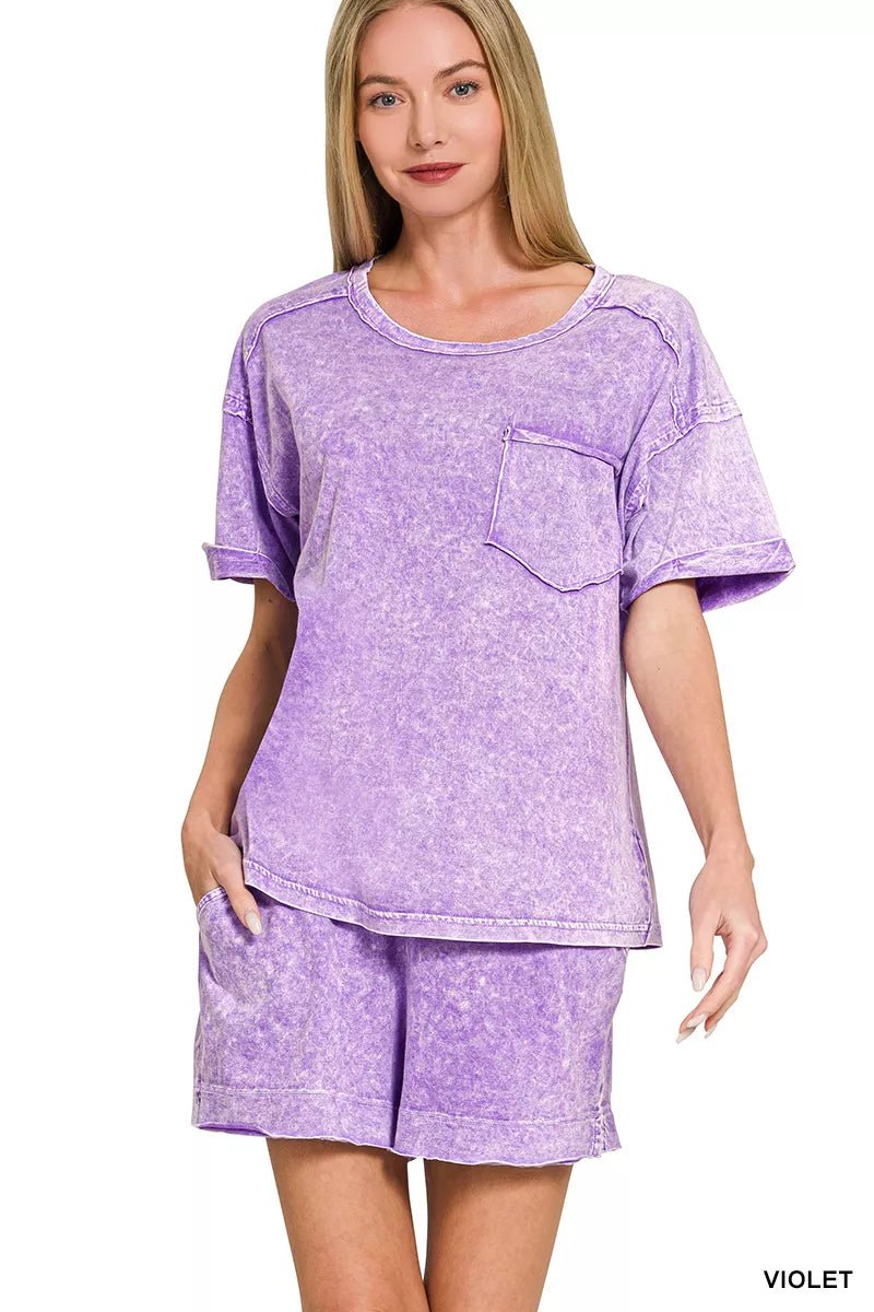 Zenana Halo Snow Washed Exposed Seam Top & Shorts Set - Rooted & Reckless Co.