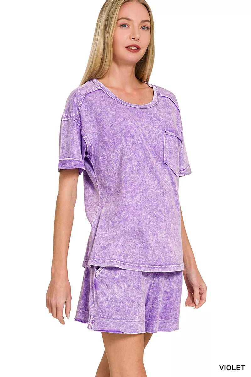 Zenana Halo Snow Washed Exposed Seam Top & Shorts Set - Rooted & Reckless Co.