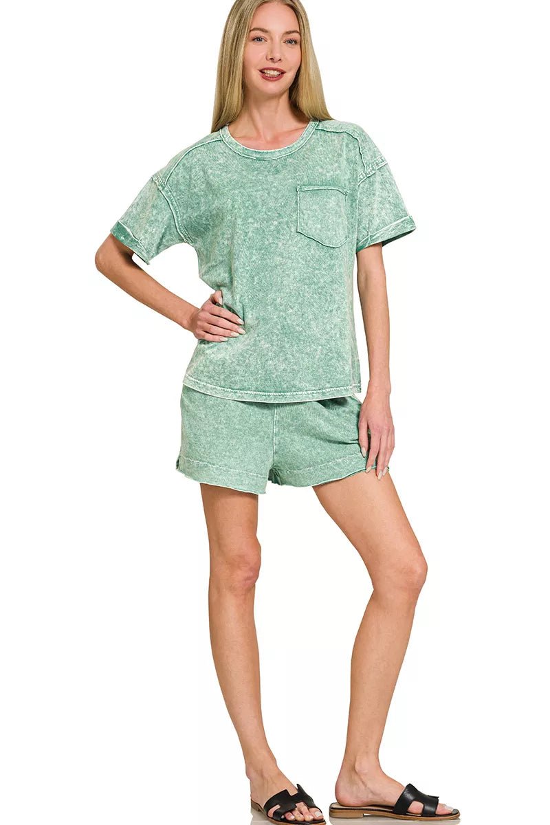 Zenana Halo Snow Washed Exposed Seam Top & Shorts Set - Rooted & Reckless Co.