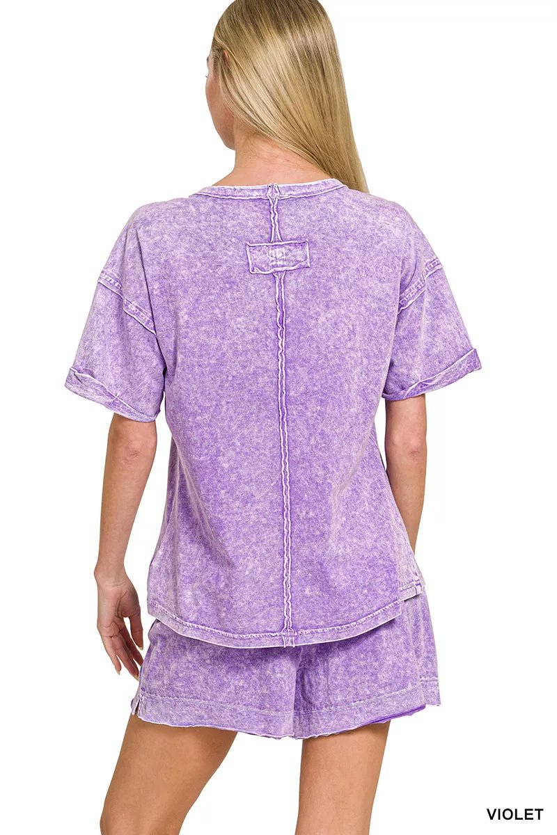 Zenana Halo Snow Washed Exposed Seam Top & Shorts Set - Rooted & Reckless Co.