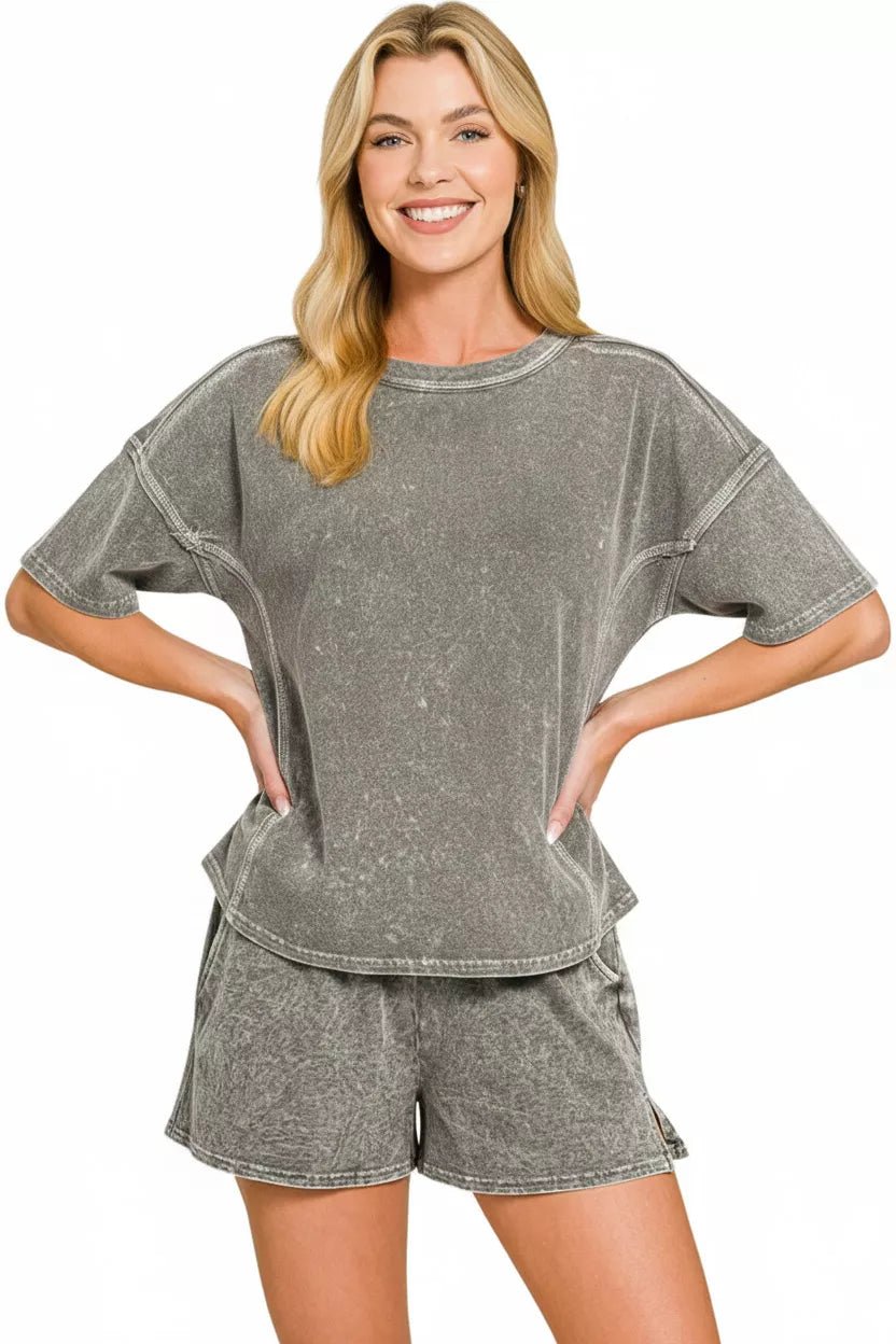 Zenana Halo Snow Washed Short Sleeve Tee and Shorts Set - Rooted & Reckless Co.