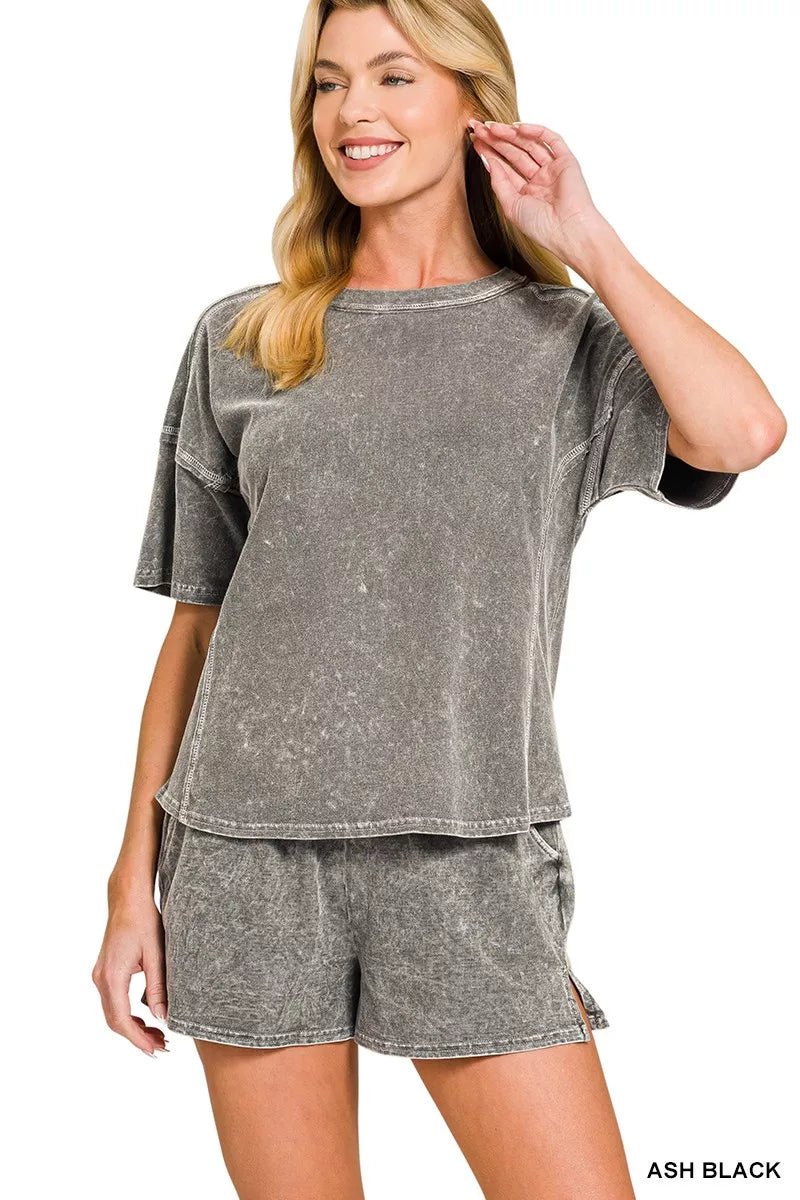 Zenana Halo Snow Washed Short Sleeve Tee and Shorts Set - Rooted & Reckless Co.