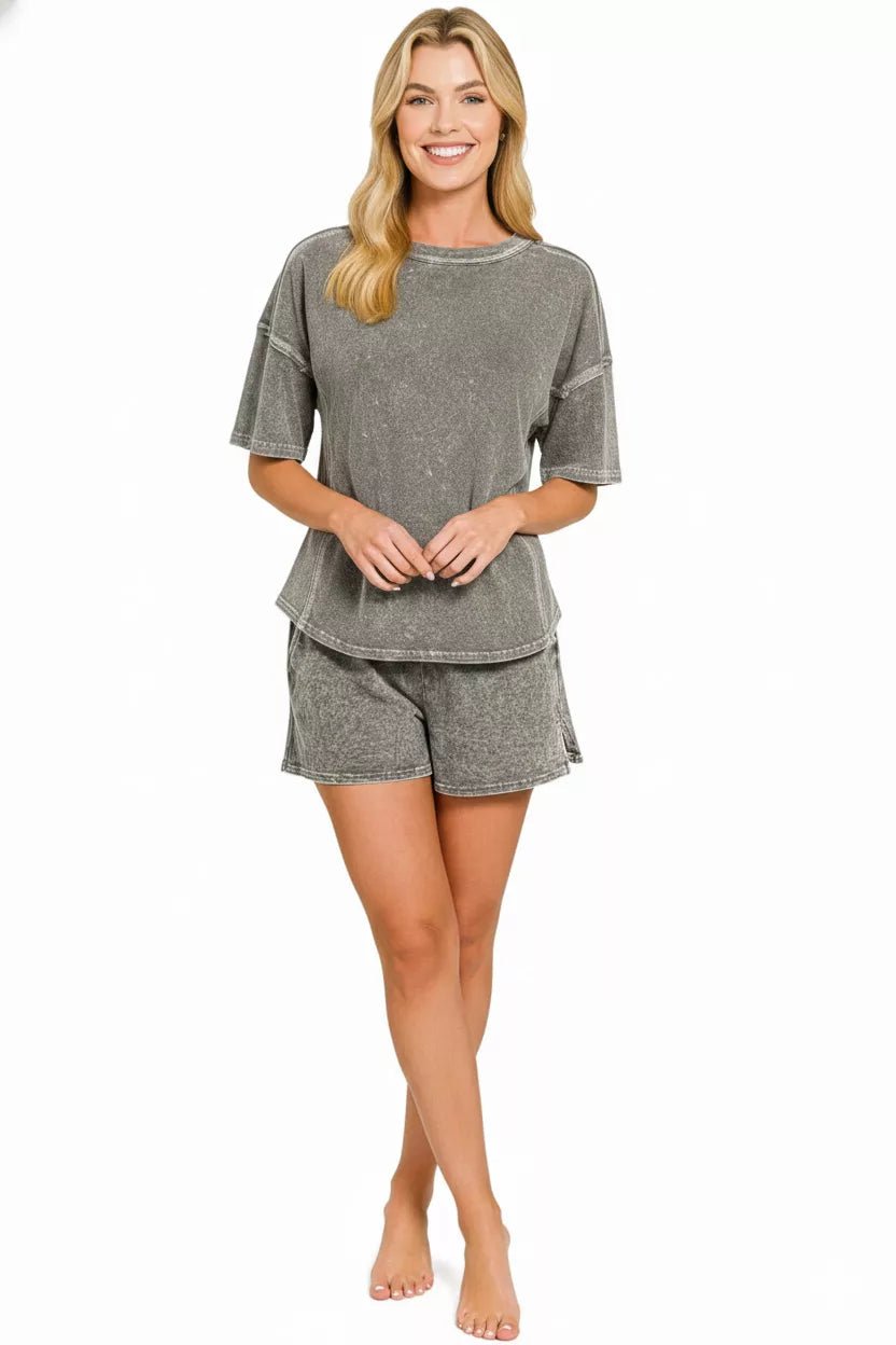 Zenana Halo Snow Washed Short Sleeve Tee and Shorts Set - Rooted & Reckless Co.
