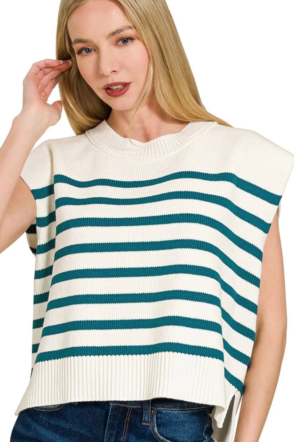 Zenana Oversized Crew Neck Stripe Sweater Vest - Rooted & Reckless Co.