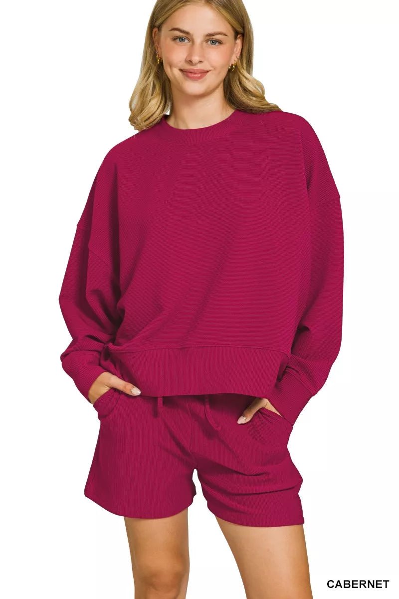 Zenana Ribbed Round Neck Pullover and Shorts Set - Rooted & Reckless Co.