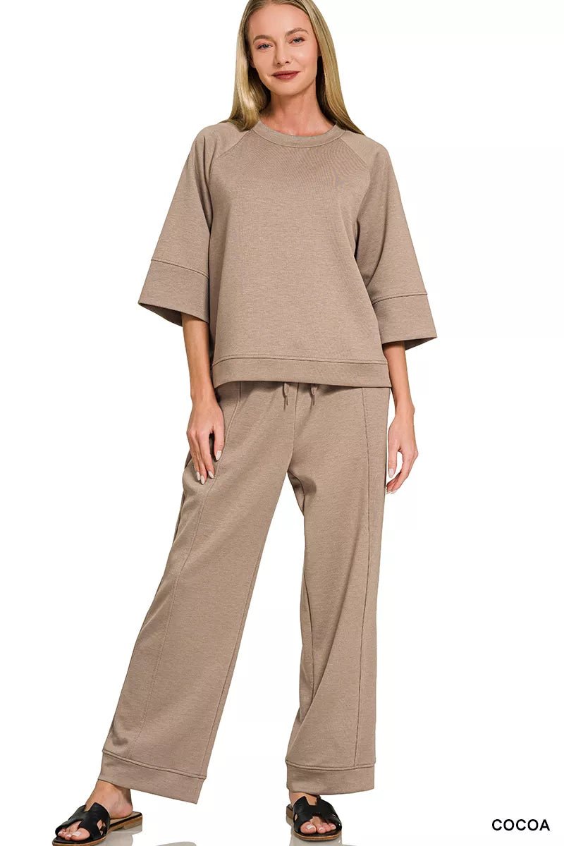 Zenana Scuba 3/4 Sleeve Pullover & Pants Set - Rooted & Reckless Co.