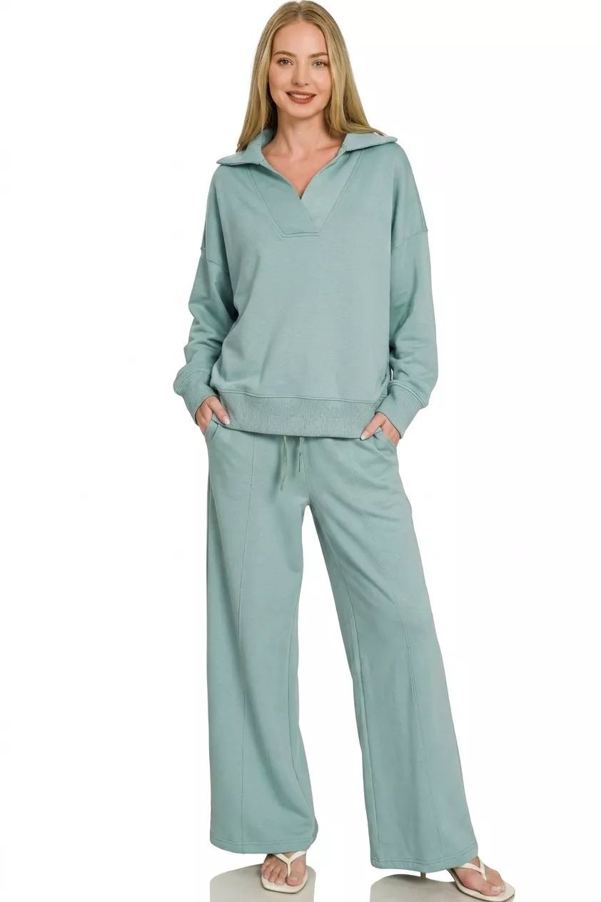 Zenana Scuba Collared Pullover & Center Seam Pants Set - Rooted & Reckless Co.