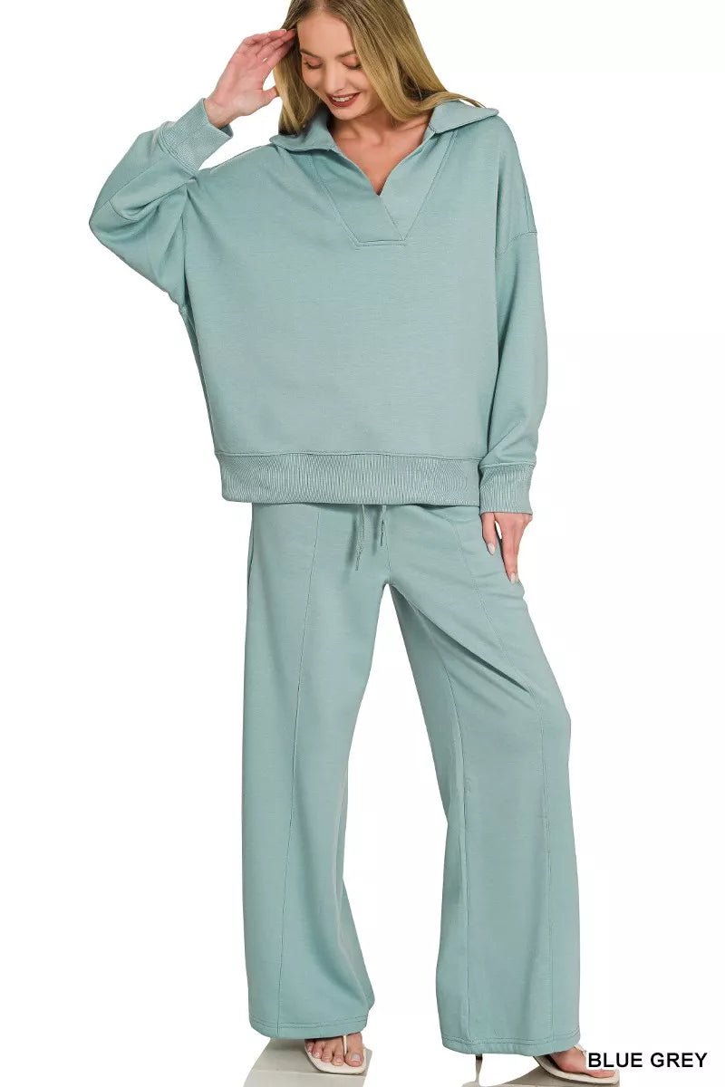 Zenana Scuba Collared Pullover & Center Seam Pants Set - Rooted & Reckless Co.