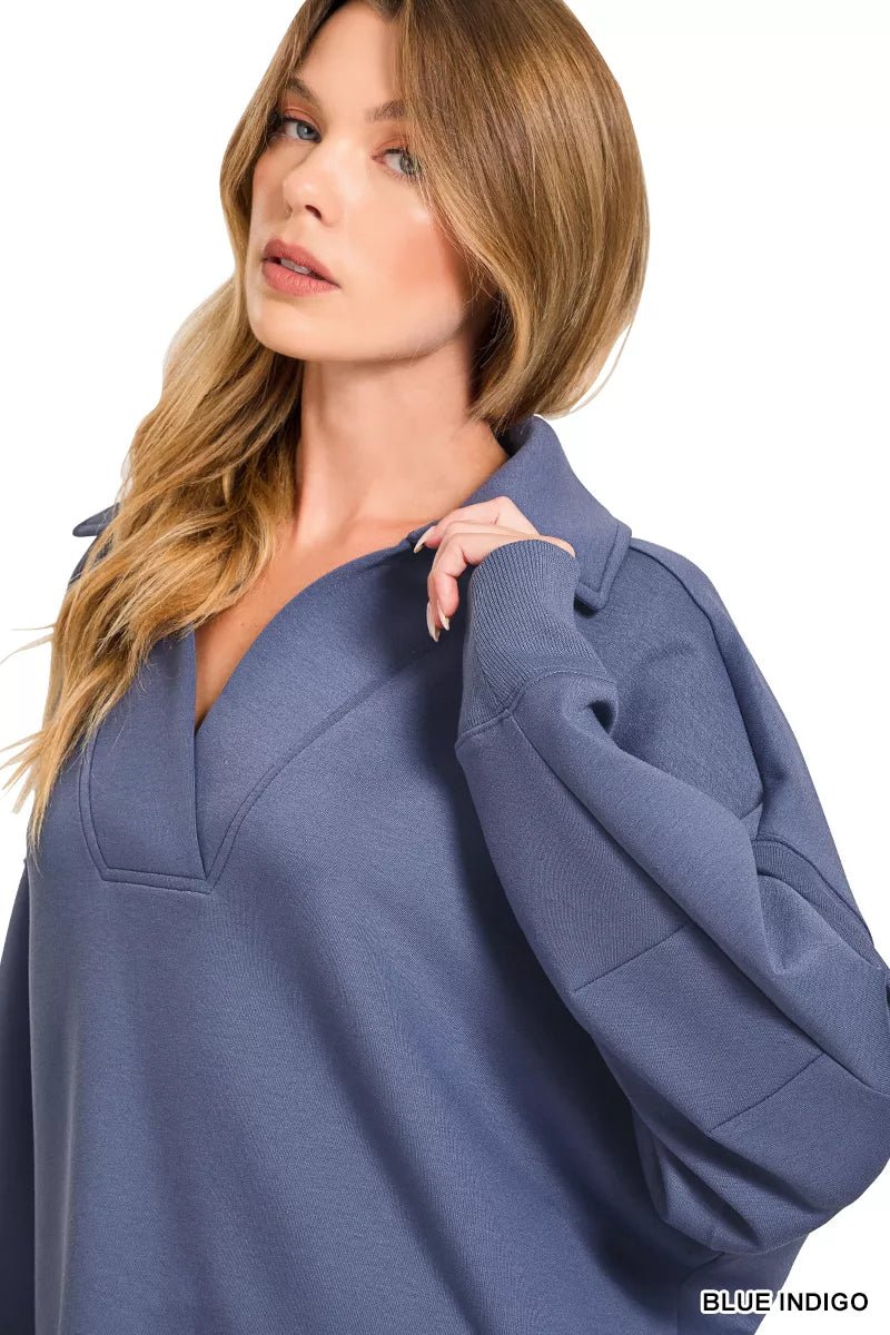 Zenana Scuba Collared Pullover & Center Seam Pants Set - Rooted & Reckless Co.