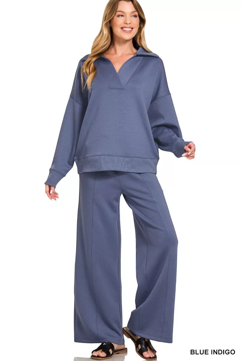 Zenana Scuba Collared Pullover & Center Seam Pants Set - Rooted & Reckless Co.