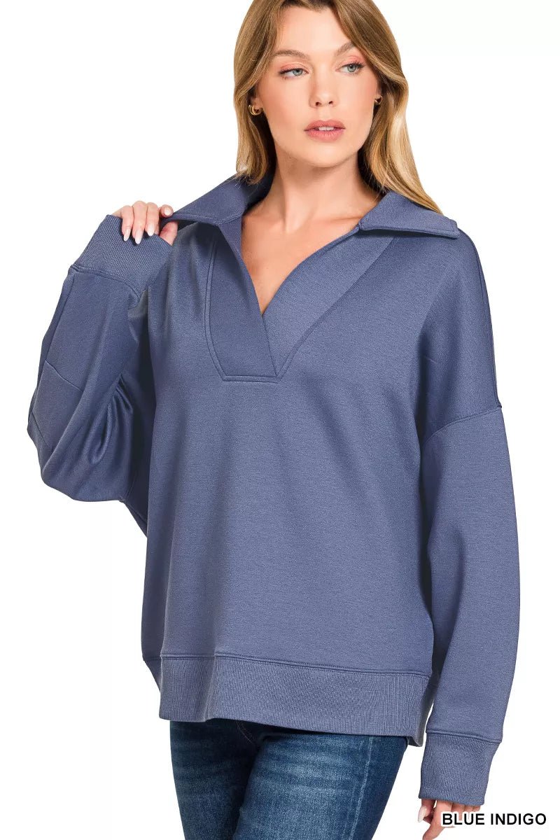 Zenana Scuba Collared Pullover & Center Seam Pants Set - Rooted & Reckless Co.