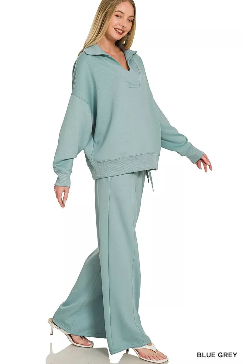 Zenana Scuba Collared Pullover & Center Seam Pants Set - Rooted & Reckless Co.