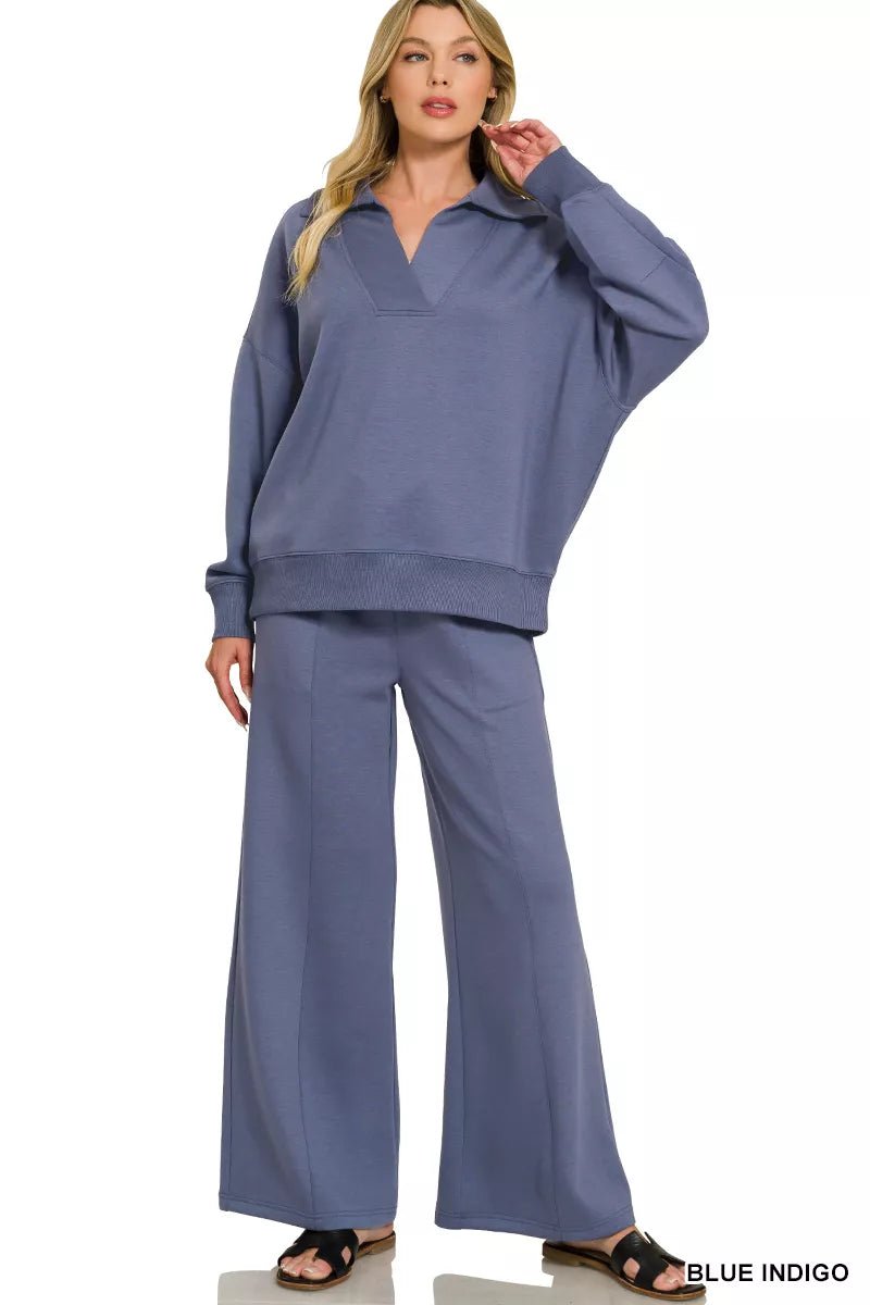 Zenana Scuba Collared Pullover & Center Seam Pants Set - Rooted & Reckless Co.