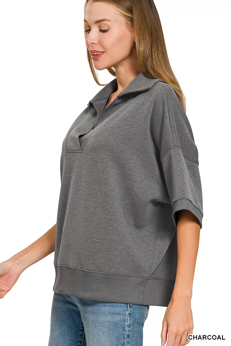 Zenana Scuba Collared Short Sleeve Pullover & Center Seam Pants Set - Rooted & Reckless Co.