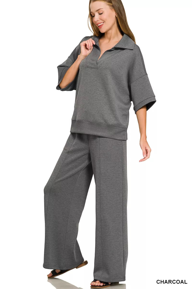 Zenana Scuba Collared Short Sleeve Pullover & Center Seam Pants Set - Rooted & Reckless Co.