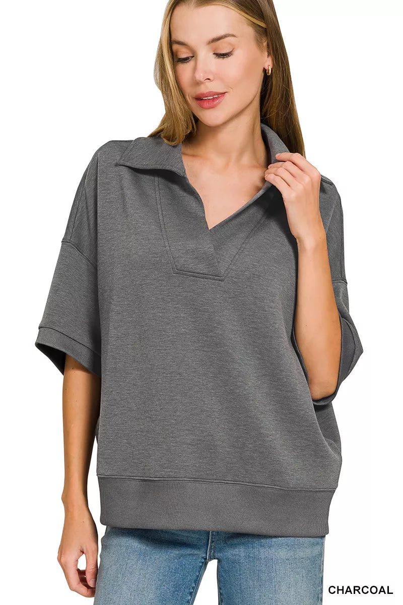 Zenana Scuba Collared Short Sleeve Pullover & Center Seam Pants Set - Rooted & Reckless Co.