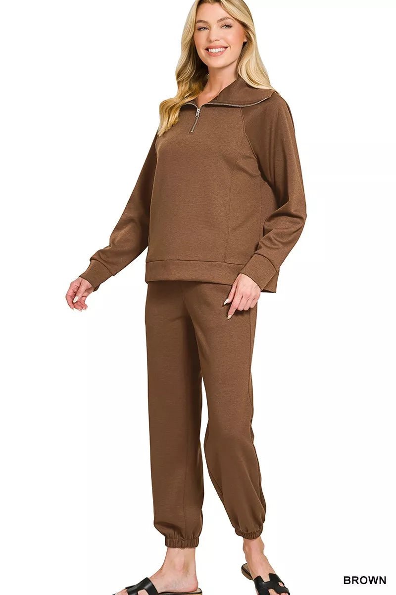 Zenana Scuba Half Zip Sweatshirts and Joggers Set - Rooted & Reckless Co.