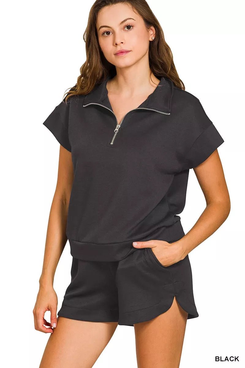 Zenana Scuba High Neck Half Zip Top and Dolphin Shorts Set - Rooted & Reckless Co.