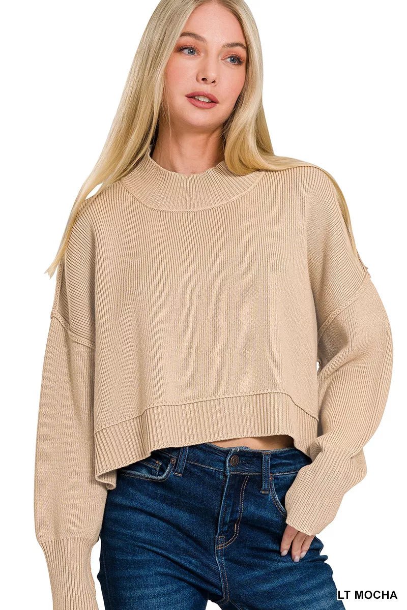 Zenana Side Slit Oversized Cropped Sweater - Rooted & Reckless Co.