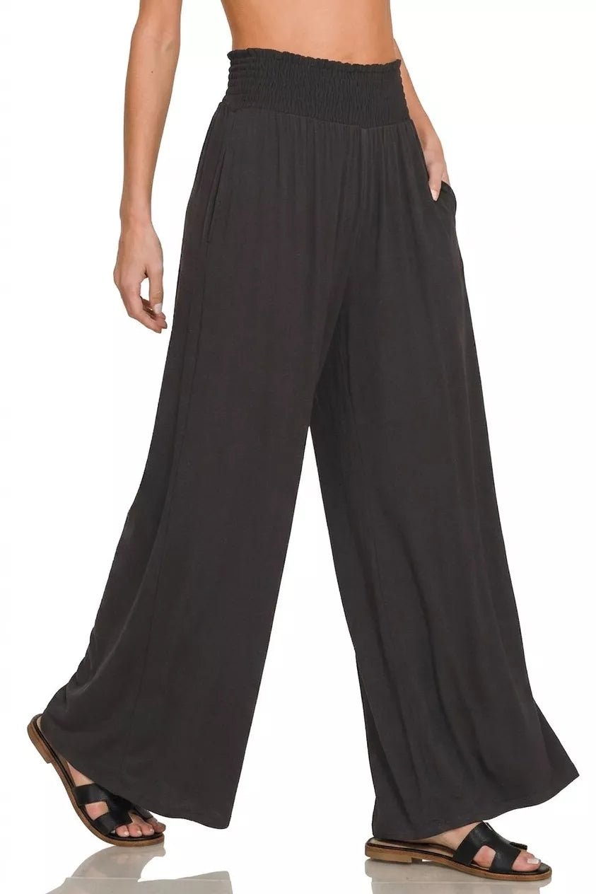 Zenana Smocked Waist Wide Leg Palazzo Pants - Rooted & Reckless Co.