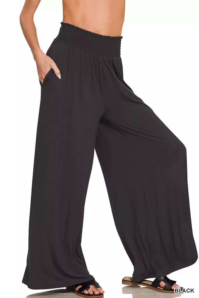 Zenana Smocked Waist Wide Leg Palazzo Pants - Rooted & Reckless Co.