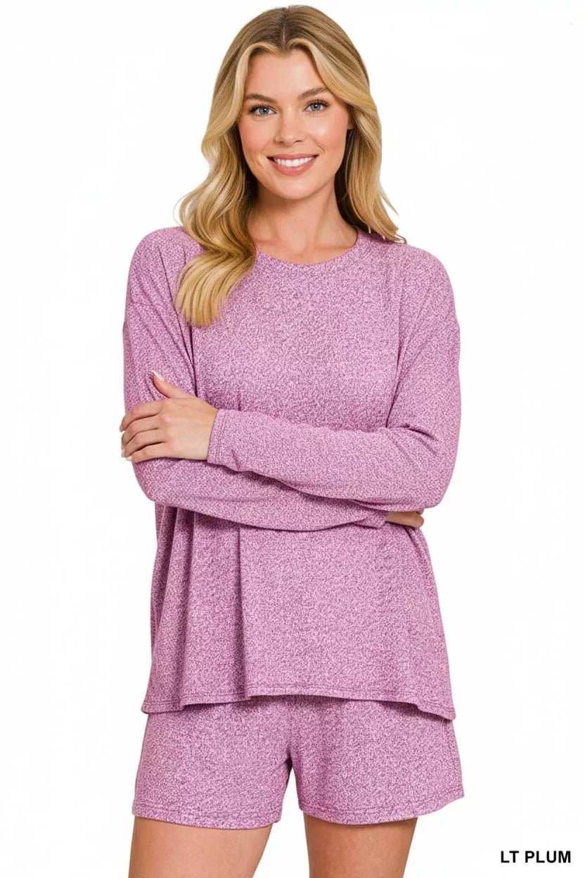 Zenana Soft Melange Long Sleeve Tee and Shorts Set - Rooted & Reckless Co.