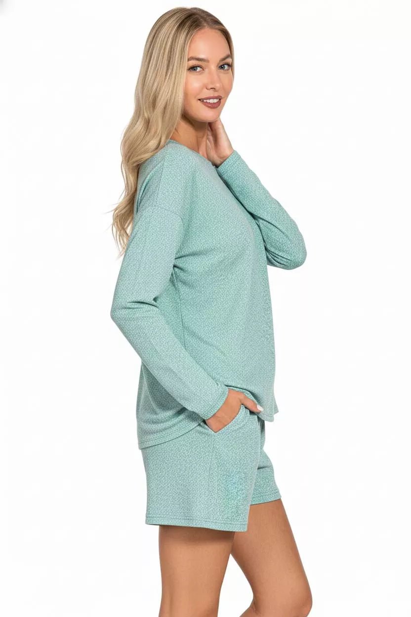 Zenana Soft Melange Long Sleeve Tee and Shorts Set - Rooted & Reckless Co.