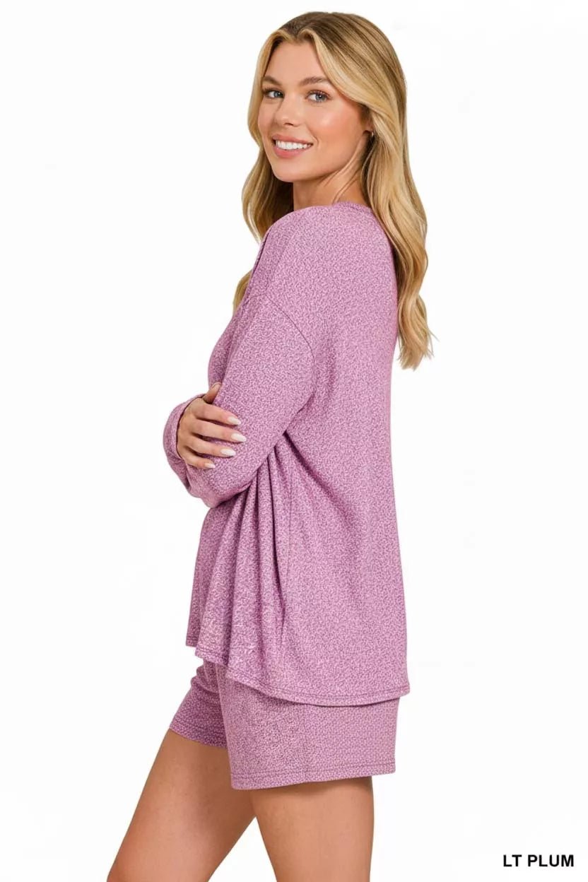 Zenana Soft Melange Long Sleeve Tee and Shorts Set - Rooted & Reckless Co.