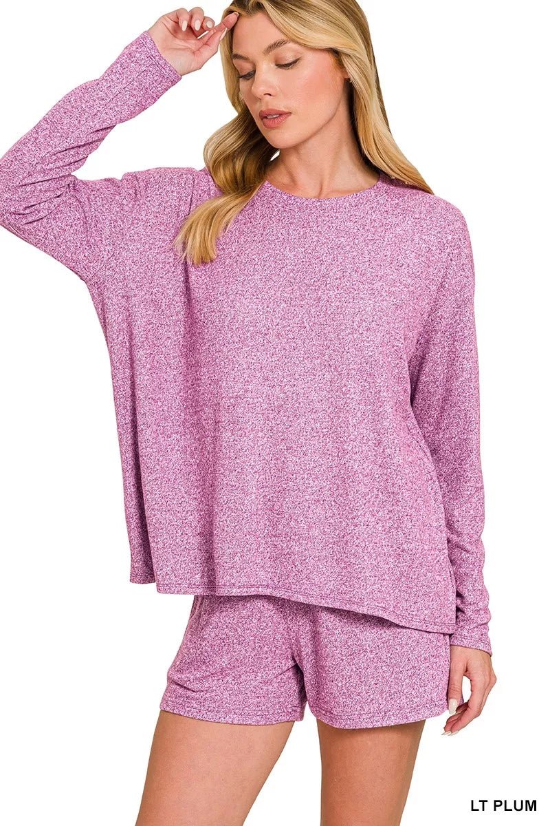 Zenana Soft Melange Long Sleeve Tee and Shorts Set - Rooted & Reckless Co.